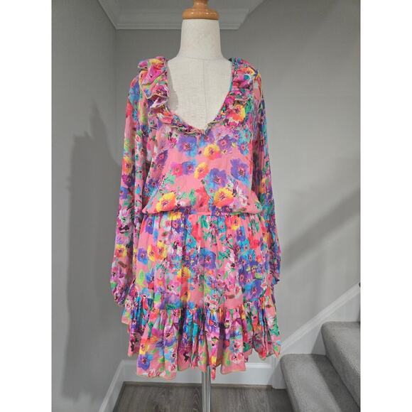 Luli Fama Ruffled Deep V Frill Hem Floral Party Dress size S - Picture 2 of 6